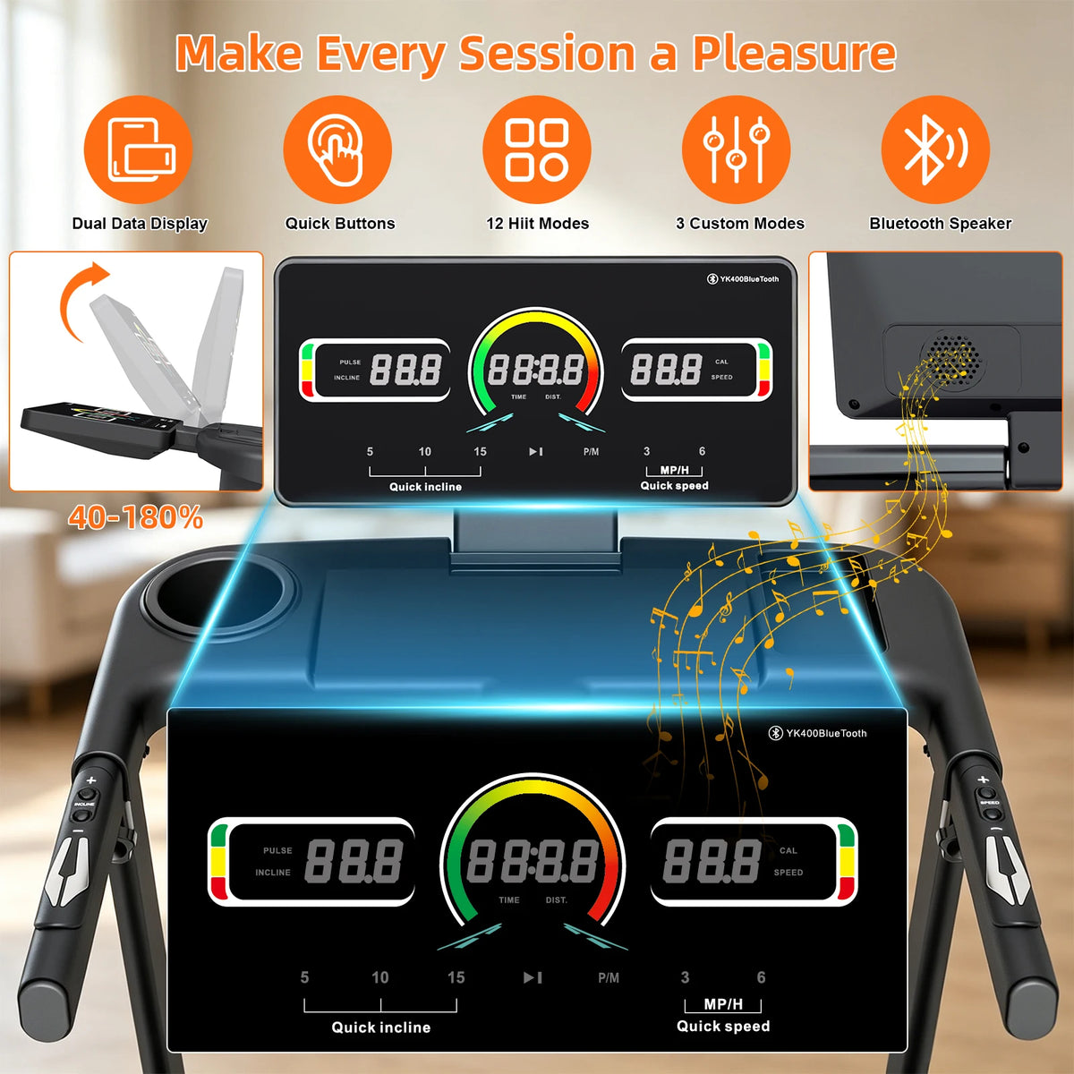 Folding Treadmill with 15‑Level Auto Incline 3.0HP Quiet Motor 0.6‑7.5MPH Speed 330LBS Capacity Wide Running Belt 8 Shock Absorbers Multi‑Function Handrail Cup Phone Holder Safety Key Heart Rate Monitor Home Indoor Walk
