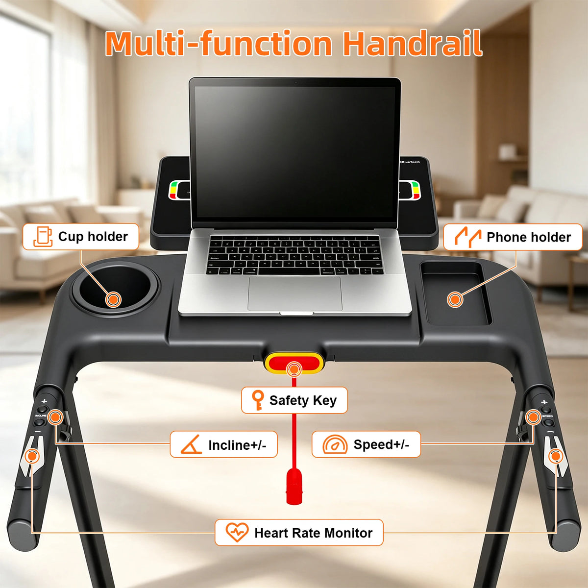 Folding Treadmill with 15‑Level Auto Incline 3.0HP Quiet Motor 0.6‑7.5MPH Speed 330LBS Capacity Wide Running Belt 8 Shock Absorbers Multi‑Function Handrail Cup Phone Holder Safety Key Heart Rate Monitor Home Indoor Walk