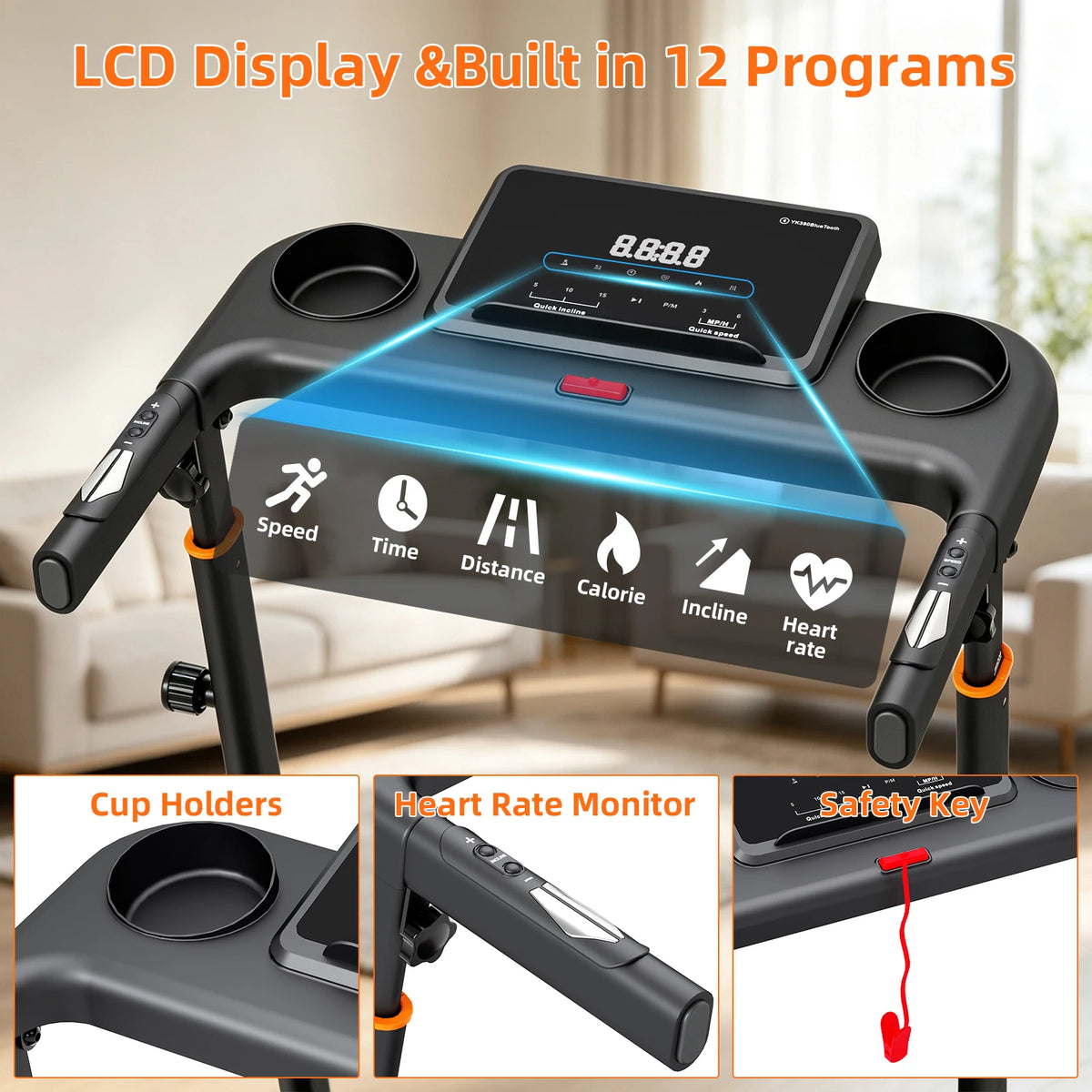 Folding Treadmill 15% Automatic Incline 3.0HP Motor 300LBS Weight Capacity 3 Level Adjustable Height LCD Display 12 HIIT Modes, App,Bluetooth speaker,Heart Rate Monitoring Transport Wheels Home Indoor Walking Running Fitness