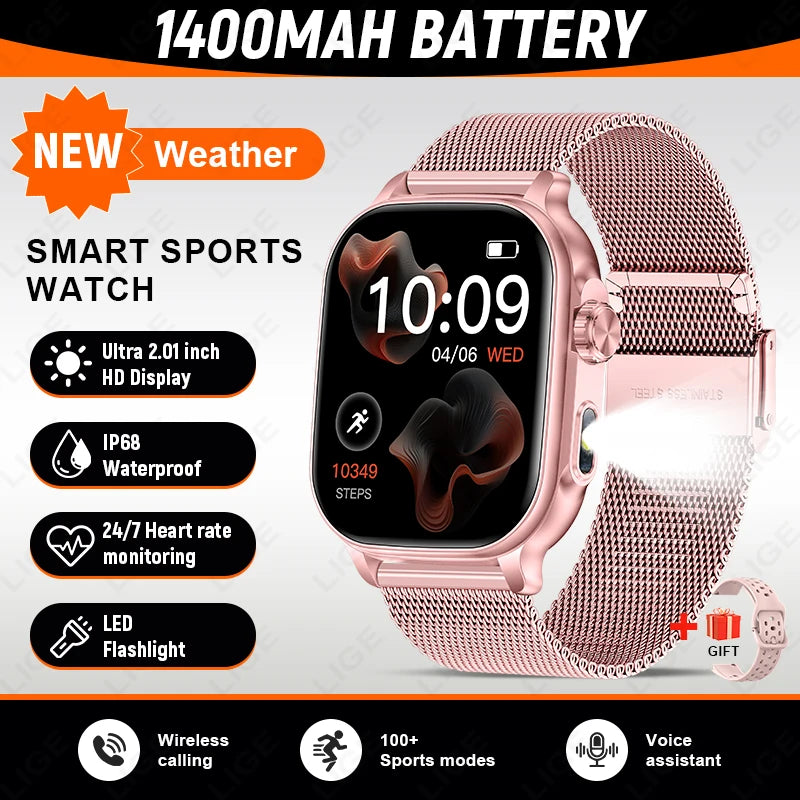 LIGE 2026 New Built-in 1400mAh Super Large Battery Women Men Smart Watch Outdoor 2.01" Screen IP68 Waterproof BT Call Smartwatch