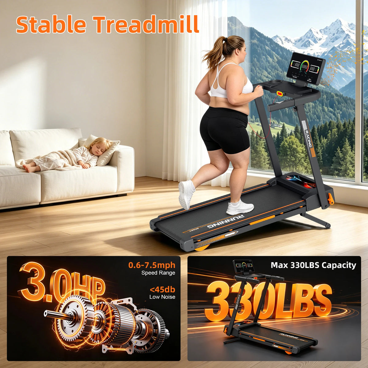 Folding Treadmill with 15‑Level Auto Incline 3.0HP Quiet Motor 0.6‑7.5MPH Speed 330LBS Capacity Wide Running Belt 8 Shock Absorbers Multi‑Function Handrail Cup Phone Holder Safety Key Heart Rate Monitor Home Indoor Walk