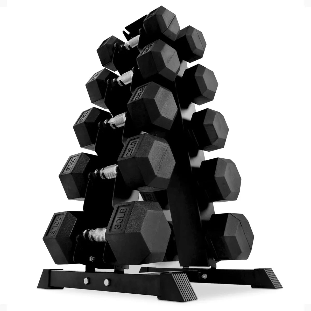 Rubber Coated Hex Dumbbell Set With A-Frame Rack, Black – Solid Cast Iron Home Gym Weights With Chrome Handles For F