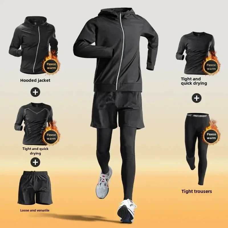Men's Winter Fleece-Lined Warm-Up Sports Sets Running Fitness Training Tight Athletic Cycling Running Quick-Dry Suit