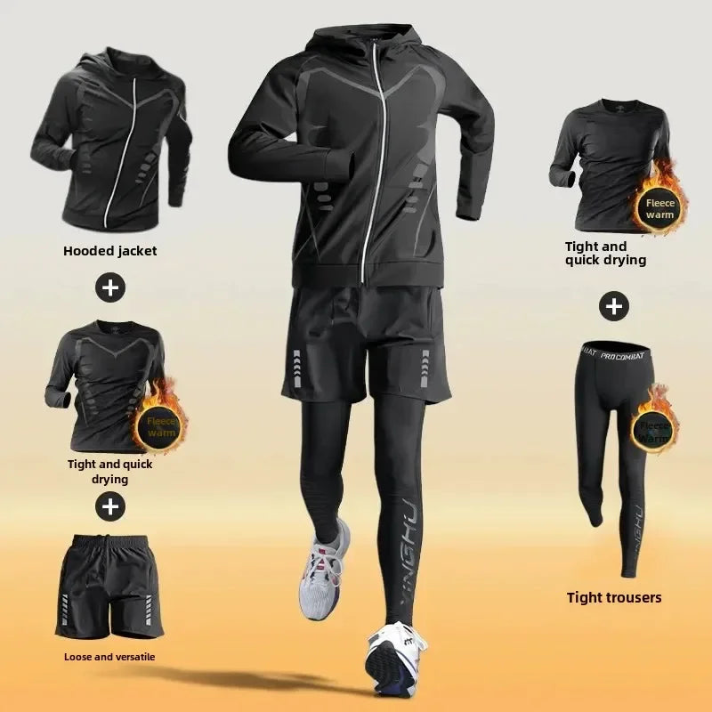 Men's Winter Fleece-Lined Warm-Up Sports Sets Running Fitness Training Tight Athletic Cycling Running Quick-Dry Suit