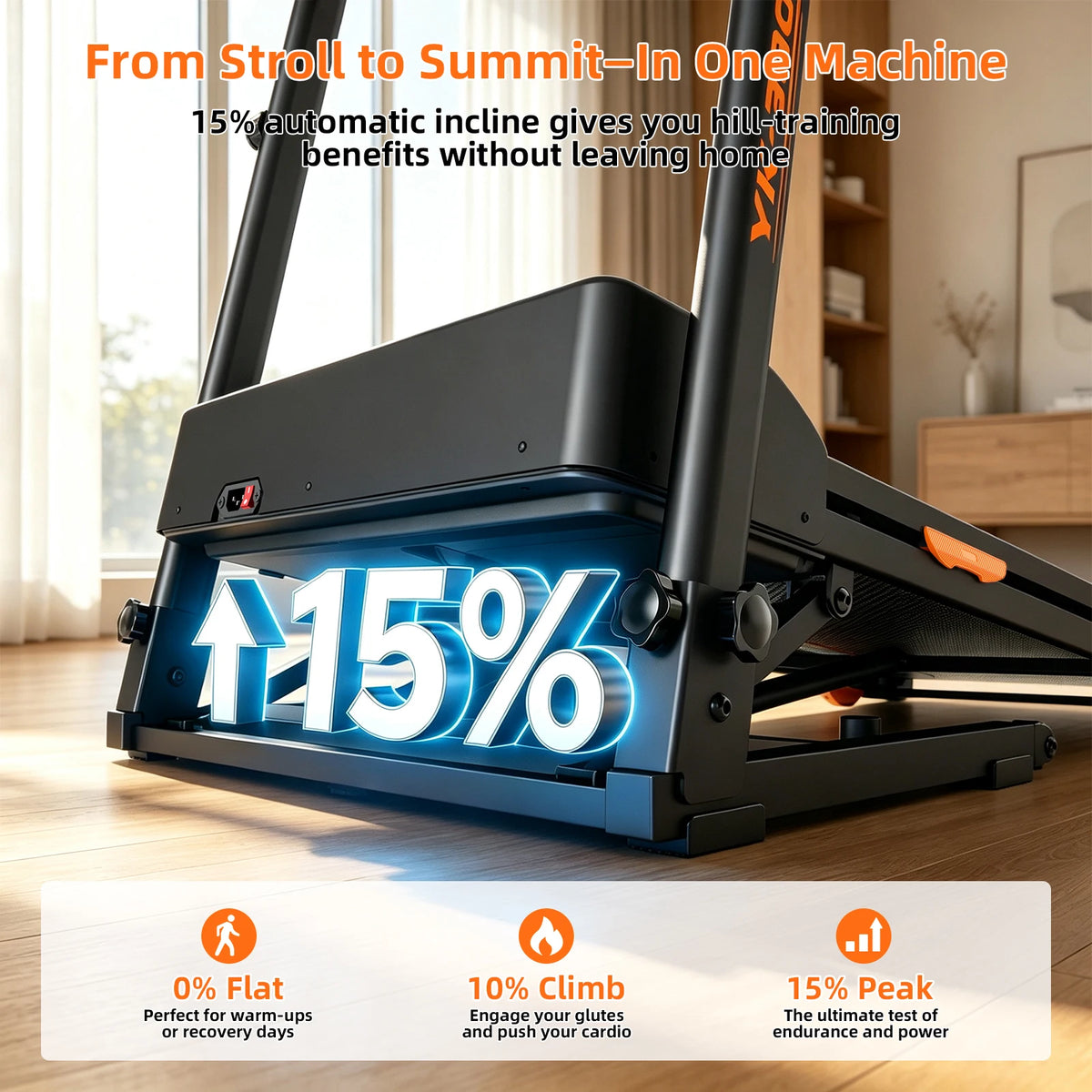 Folding Treadmill 15% Automatic Incline 3.0HP Motor 300LBS Weight Capacity 3 Level Adjustable Height LCD Display 12 HIIT Modes, App,Bluetooth speaker,Heart Rate Monitoring Transport Wheels Home Indoor Walking Running Fitness