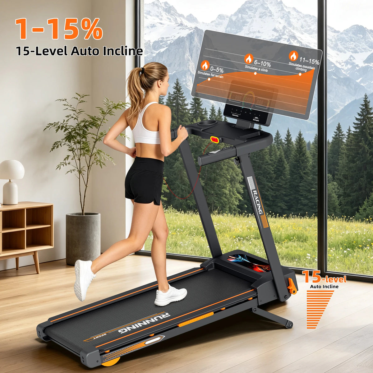 Folding Treadmill with 15‑Level Auto Incline 3.0HP Quiet Motor 0.6‑7.5MPH Speed 330LBS Capacity Wide Running Belt 8 Shock Absorbers Multi‑Function Handrail Cup Phone Holder Safety Key Heart Rate Monitor Home Indoor Walk