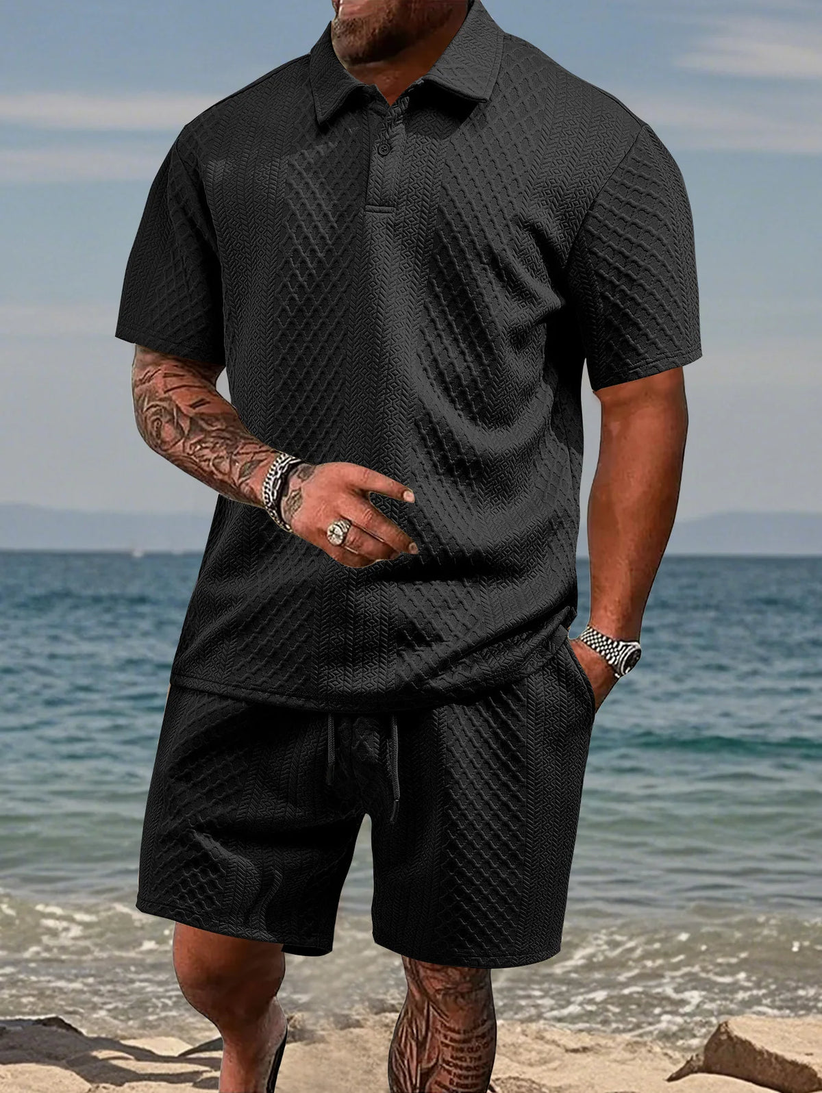 2025 Summer New Men's Casual Sportswear Polo Shirt With A Lapel, Men's Short-sleeved Shirt And Shorts, Jacquard Texture Suit