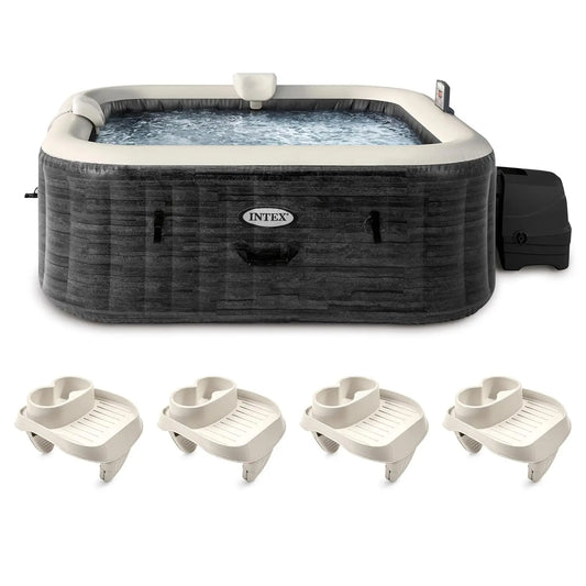 PureSpa Plus Greystone Inflatable Square Outdoor Hot Tub Spa, 83 x 28 Inch Bundled with Set of 4 Tray Attachment, Customized