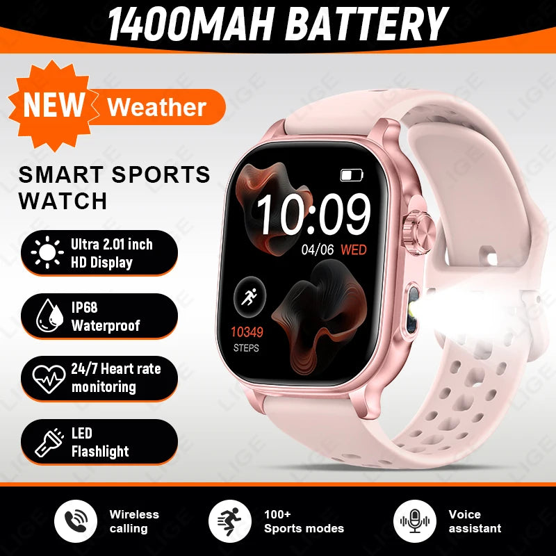 LIGE 2026 New Built-in 1400mAh Super Large Battery Women Men Smart Watch Outdoor 2.01" Screen IP68 Waterproof BT Call Smartwatch