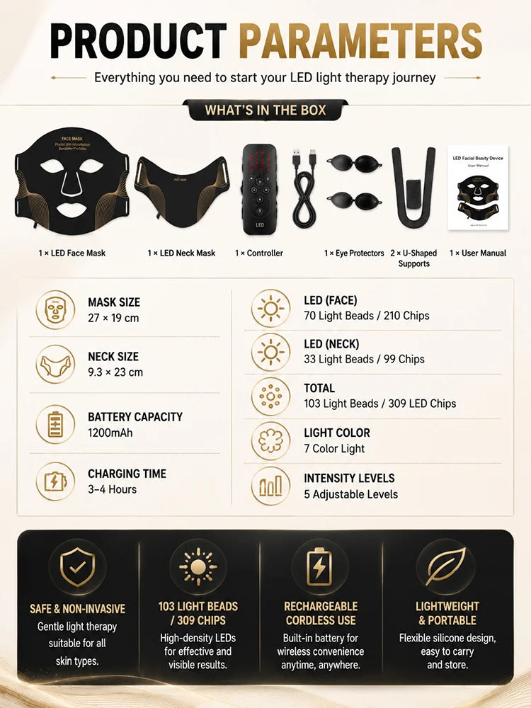 LED Face Mask Red Light Therapy Face Neck Mask 7 Color Flexible Silicone Facial Beauty Care Device for Home Use