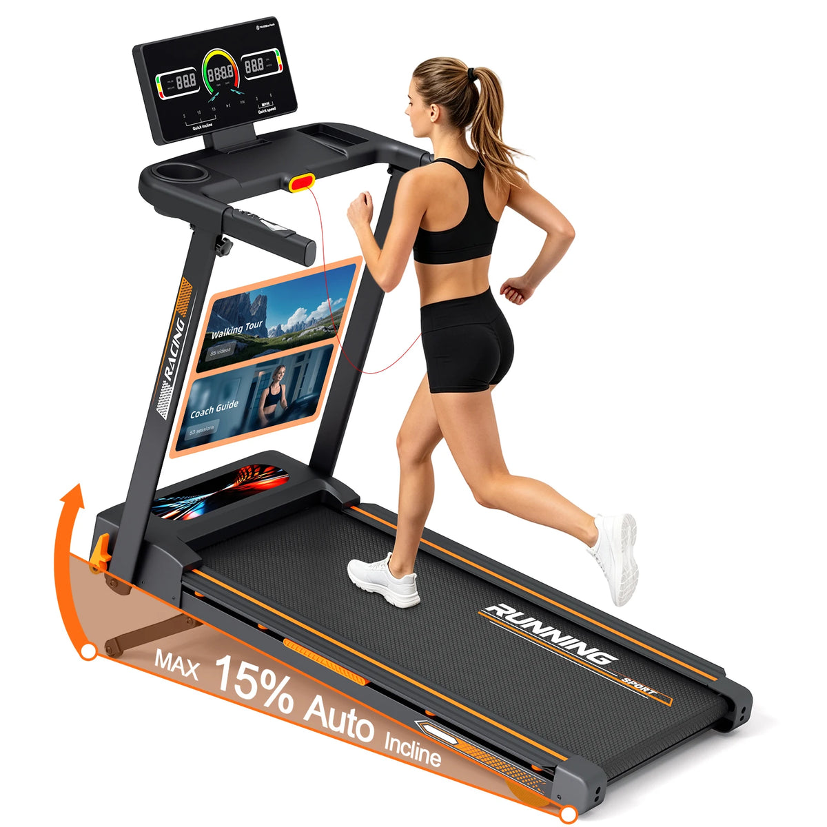 Folding Treadmill with 15‑Level Auto Incline 3.0HP Quiet Motor 0.6‑7.5MPH Speed 330LBS Capacity Wide Running Belt 8 Shock Absorbers Multi‑Function Handrail Cup Phone Holder Safety Key Heart Rate Monitor Home Indoor Walk