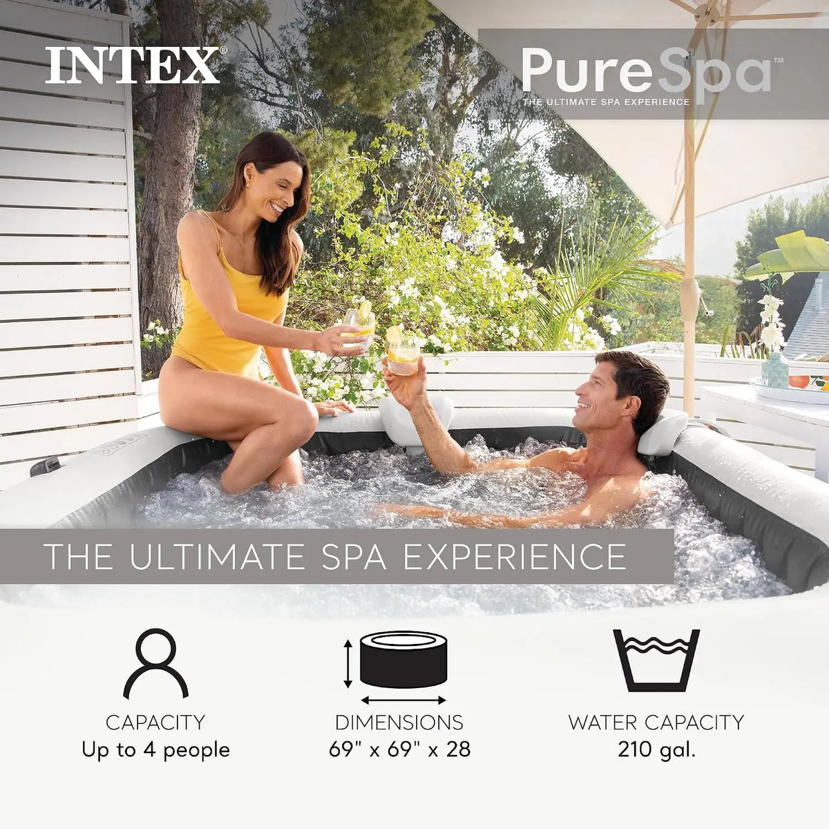 PureSpa Plus Greystone Inflatable Square Outdoor Hot Tub Spa, 83 x 28 Inch Bundled with Set of 4 Tray Attachment, Customized