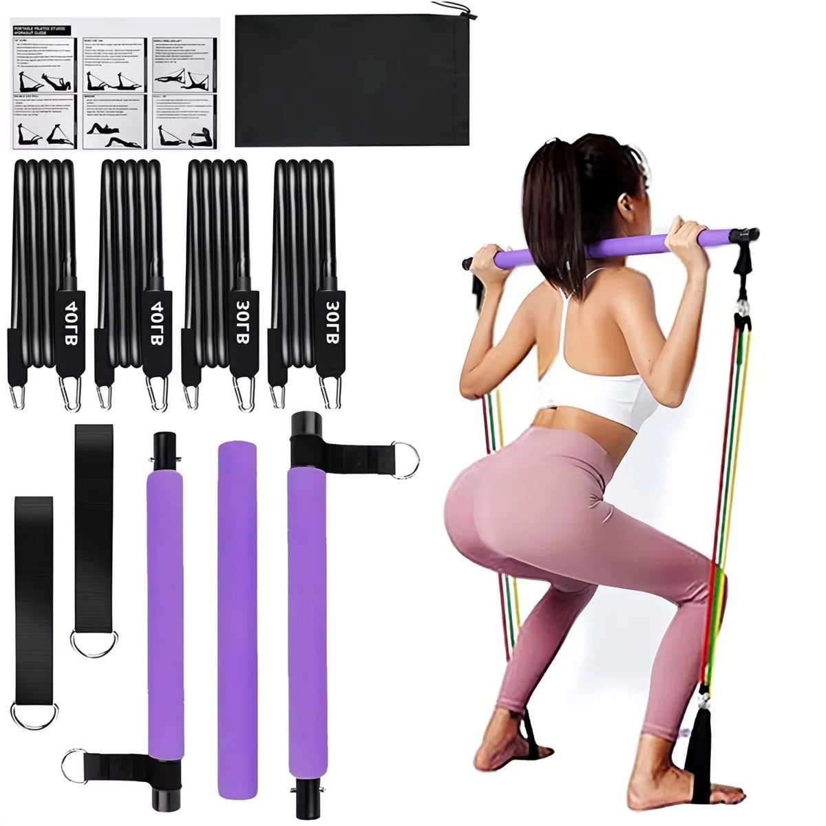Portable Bar Stick with Resistance Band Home Gym Muscle Toning Bar Fitness Stretching Sports Body Workout Exercise