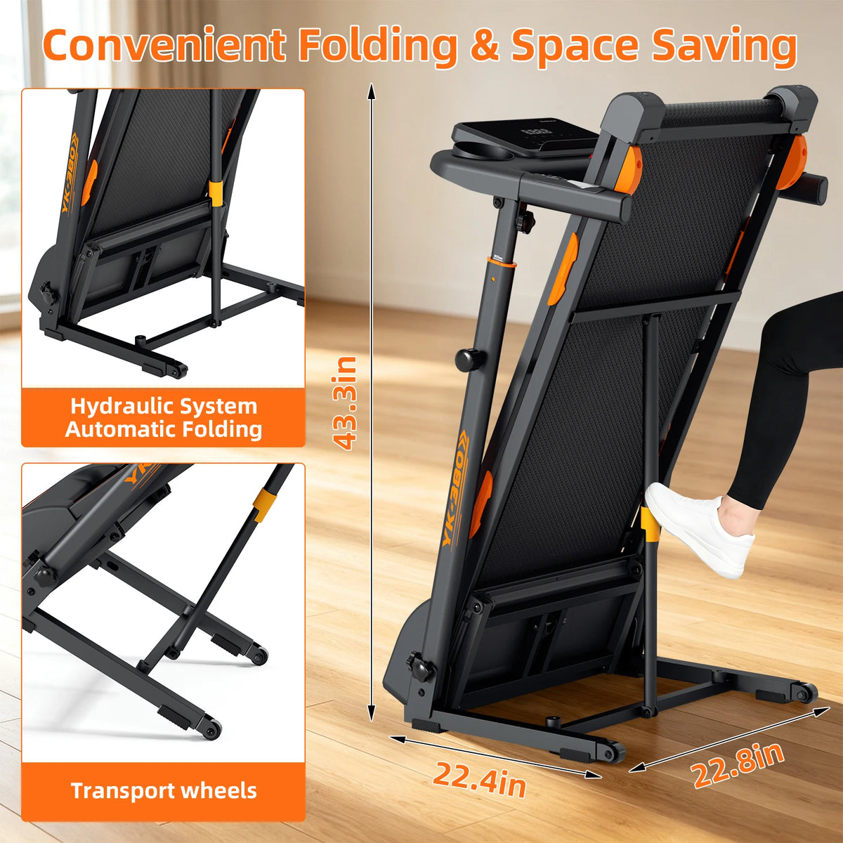 Folding Treadmill 15% Automatic Incline 3.0HP Motor 300LBS Weight Capacity 3 Level Adjustable Height LCD Display 12 HIIT Modes, App,Bluetooth speaker,Heart Rate Monitoring Transport Wheels Home Indoor Walking Running Fitness