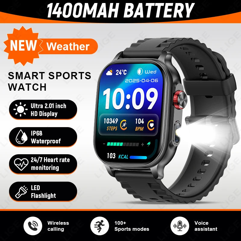LIGE 2026 New Built-in 1400mAh Super Large Battery Women Men Smart Watch Outdoor 2.01" Screen IP68 Waterproof BT Call Smartwatch