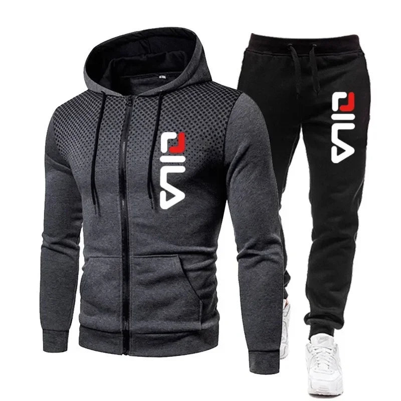Mens Tracksuits+Sweatpants Two Pieces Suits 2025 Winter Print Zipper Hooded Sweatshirt Casual Fitness Jogging Sports Pants Sets